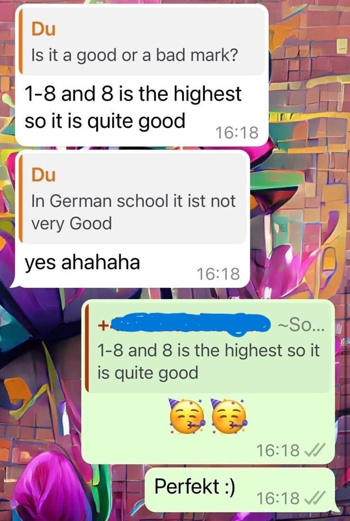 Chat auf Englisch: „1-8 and 8 is the highest so it is quite good“ – Antwort: „Perfekt :)“