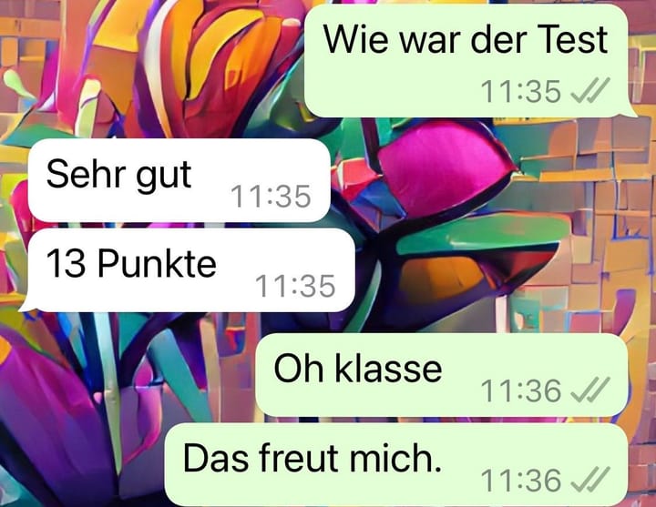 Chat: „Wie war der Test“ – „Sehr gut, 13 Punkte“ – „Oh klasse. Das freut mich.“